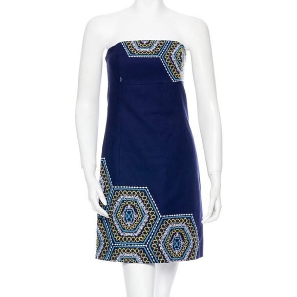 Lilly Pulitzer Dress Size 0 US Navy Blue “Honeycomb Bowen” Strapless Embroidered - Picture 14 of 15
